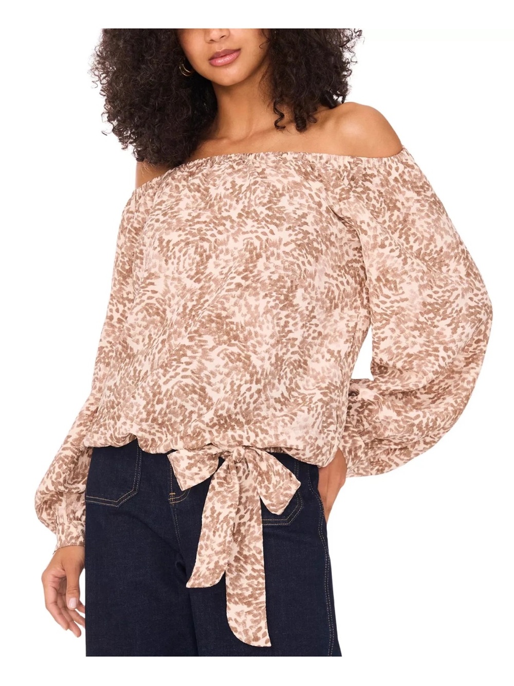 Women’s Off-Shoulder Tie-Hem Blouse in Light Brown Print Size XXS